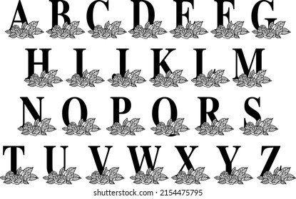 Full Latin alphabet with rose floral composition. Cut file on white background