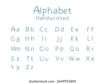 Alfabeto latino completo escrito com caneta azul. Letras maiúsculas e minúsculas em estilo manuscrito simples sobre fundo branco. Perfeito para escola e design educacional.