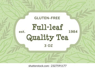 Full leaf quality tea, gluten free natural product est 1984. Design with leaves and foliage branches decoration, minimalistic. Package logotype or label, emblem or logo. Vector in flat style