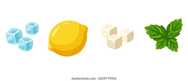 Full lemon, mint leaves, sugar cubes and ice set in cartoon style. Vector isolated illustration on white background