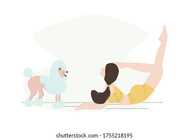 Full lenght woman yoga exercise with pet dog. (Puddle) At Home studio. Vector