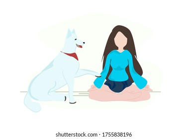 Full lenght woman yoga (Meditation) with dog. At home studio. Vector