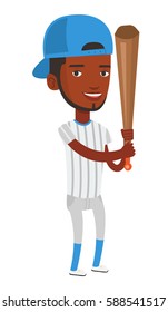 Full length of african-american baseball player in uniform. Professional baseball player standing with a bat. Baseball player in action. Vector flat design illustration isolated on white background.
