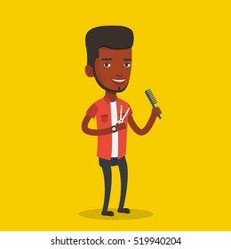 Full length of african-american hairdresser holding comb and scissors in hands on yellow background. Professional hairdresser ready to do a haircut. Vector flat design illustration. Square layout.