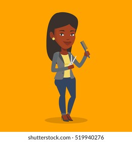 Full length of african-american hairdresser holding comb and scissors in hands on yellow background. Professional hairdresser ready to do a haircut. Vector flat design illustration. Square layout.