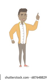 Full length of african-american man pointing his forefinger up. Young man pointing with index finger up. Vector sketch cartoon illustration isolated on white background.