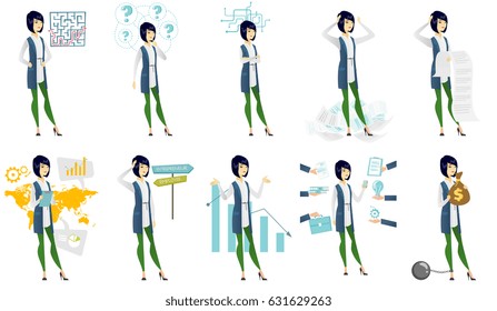 Full length of asian thinking business woman standing under question marks. Thinking business woman surrounded by question marks. Set of vector flat design illustrations isolated on white background.