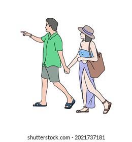 Full length of a beautiful smiling young couple wearing summer clothing walking and holding hands at the beach isolated on white background