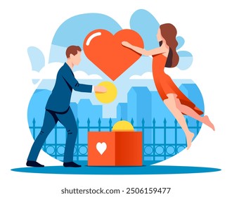Full length body size of elegantly dressed man and woman putting donations in a box over city street background. Donation and volunteers work concept illustration. Colorful vector illustration.
