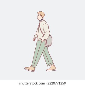 Full length body size photo of young man walking. Hand drawn style vector design illustrations.