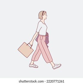 Full length body size photo of young girl walking. Hand drawn style vector design illustrations.