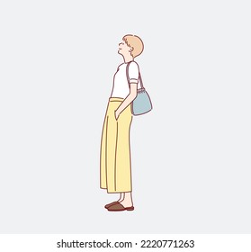 Full length body size photo of young girl. Hand drawn style vector design illustrations.