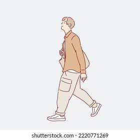 Full length body size photo of young man walking. Hand drawn style vector design illustrations.