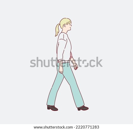 Full length body size photo of young girl walking. Hand drawn style vector design illustrations.