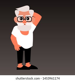 Full length body size portrait of old grey haired man in eyeglasses, white T-shirt, black pants and moccasins 