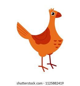 Full length of brown hen - side view of standing chicken for eco-friendly and organic concept in flat style isolated on white background. Rural bird in vector illustration.