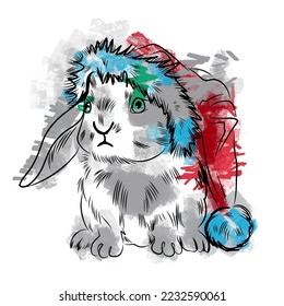 Full length bunny in Santa hat, on canvas with strokes of paint in a modern style