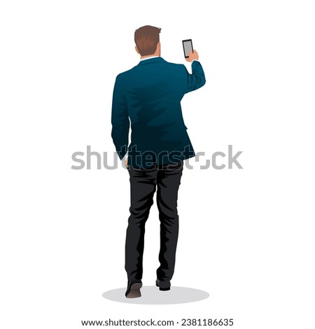 Full length business man in classic formal suit work in office doing selfie shot with mobilephone . vector, illustration