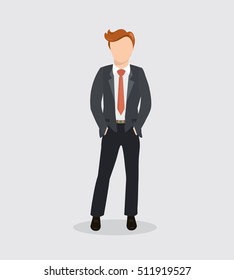 Full length business man hands in pockets. Business man standing of elegant, handsome man in suit. Flat design. Vector cartoon illustration