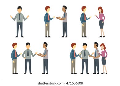 Full Length Of Business Man, Woman, And People Have Conversation Or Talking, Greeting, Meeting. Vector Illustration Character Set, Flat Design.  