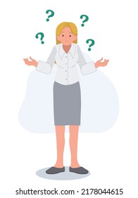 full length of business woman is getiing confuse. Don't understand. question mark.Flat vector cartoon character illustration.