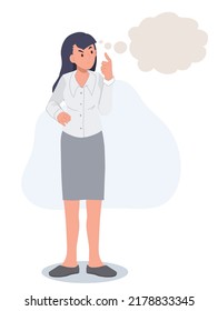 Full length of business woman is thinking something. Flat vector cartoon character illustration.