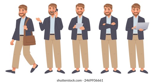 Hombre de negocios de cuerpo entero con la computadora portátil y la tableta, hablando por teléfono, camina. Empresario o empresario. Ilustración vectorial en estilo de dibujos animados