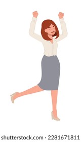 Full Length Businesswoman  Winner Success. Business Woman Excited Hold Hands Up Raised Arms, Flat Vector cartoon Illustration