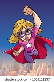 Full length cartoon illustration of powerful and healthy super girl, flying high in the sky above the city.