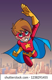 Full length cartoon illustration of powerful and healthy super boy, flying high in the sky above the city.