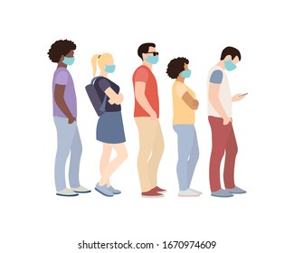 Full Length Of Cartoon Sick People In Medical Masks Standing In Line Against White Background