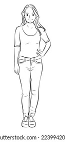 full length casual girl outline cartoon illustration