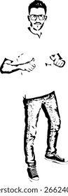 Longitud completa del hombre casual en la camiseta blanca y los pantalones vaqueros que le muestran aislado en el fondo blanco Vector del bosquejo