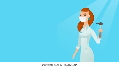 Full length of caucasian ear nose throat doctor. Young doctor in a medical gown and a mask holding tools used for examination of ear, nose, throat. Vector flat design illustration. Horizontal layout.