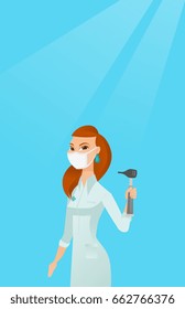 Full length of caucasian ear nose throat doctor. Young doctor in a medical gown and a mask holding tools used for examination of ear, nose, throat. Vector flat design illustration. Vertical layout.