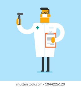 Full length of caucasian white otolaryngologist doctor. Audiologist doctor in medical gown and mask holding tools used for examination of ear, nose, throat. Vector cartoon illustration. Square layout.