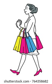 Full length character of happy and smiling pretty woman with shopping bags. Outline, linear, thin line art, doodle, hand drawn sketch design, simple style. 