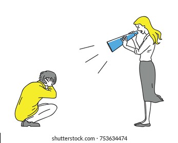 Full length character of pretty woman holding megaphone and shouting at man who covering his ears. Outline, linear, thin line art, hand drawn sketch design, simple style.