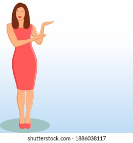 Full length character of a woman pointing on the side with her hands into a white copy space. Vector illustration