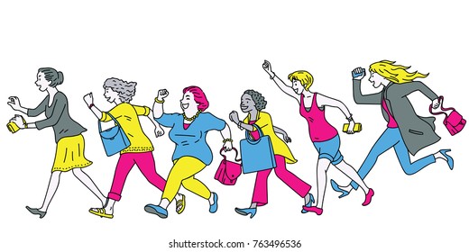 Full length character of women group running forward, aiming for super big sale promotion, concept of going shopping. Diversity, multi-ethnic. Outline, linear, thin line art, hand drawn sketch.