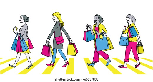 Full length character of women with shopping bags, walking and crossing the street, smiling and joyful expression, concept of going shopping, fashion, big sale promotion. Diversity, multi-ethnic. 