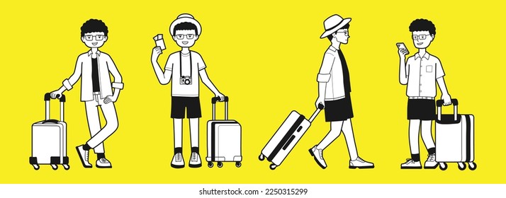 Full length of cheerful young traveler tourist man hold suitcase passport tickets isolated on yellow background studio. Passenger traveling on weekends. Air flight journey concept
