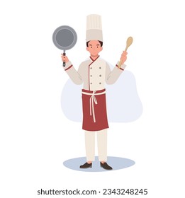 Full Length of Chef Illustration. Male Chef  in Chef Hat Holding Pan and Turner. Flat vector cartoon illustration