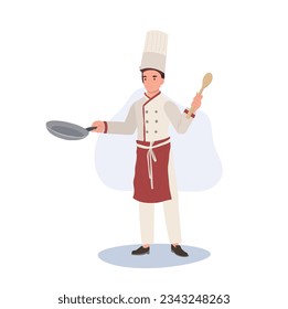 Full Length of Chef Illustration. Male Chef  in Chef Hat Holding Pan and Turner. Flat vector cartoon illustration