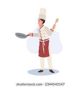 Full Length of Chef Illustration. Male Chef  in Chef Hat Holding Pan and Turner. Flat vector cartoon illustration