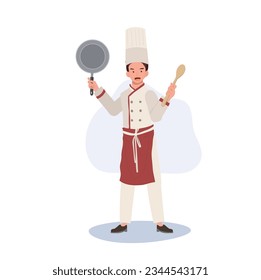 Full Length of Chef Illustration. Male Chef  in Chef Hat Holding Pan and Turner. Flat vector cartoon illustration