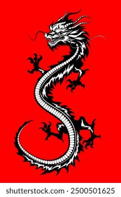 Full length Chinese dragon. Black and white dragon on a red background, zodiac sign according to the Chinese calendar. Vector illustration isolated from background.