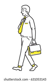 Full length of confident businessman, happy and smiling, walking forward, holding briefcase, go to work. Line draw sketch design, simple style.