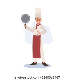 Full length of Confident chef woman holding pan. 