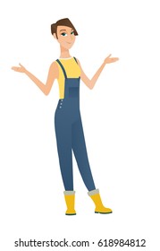 Comprimento completo de agricultor caucasiano confuso com braços espalhados. Jovem confundiu agricultor com braços estendidos. Um agricultor confuso encolhendo os ombros. Ilustração de design plano vetorial isolada sobre fundo branco.